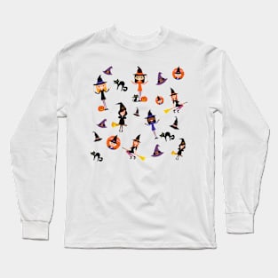 Cute Witch Pattern - Orange Long Sleeve T-Shirt